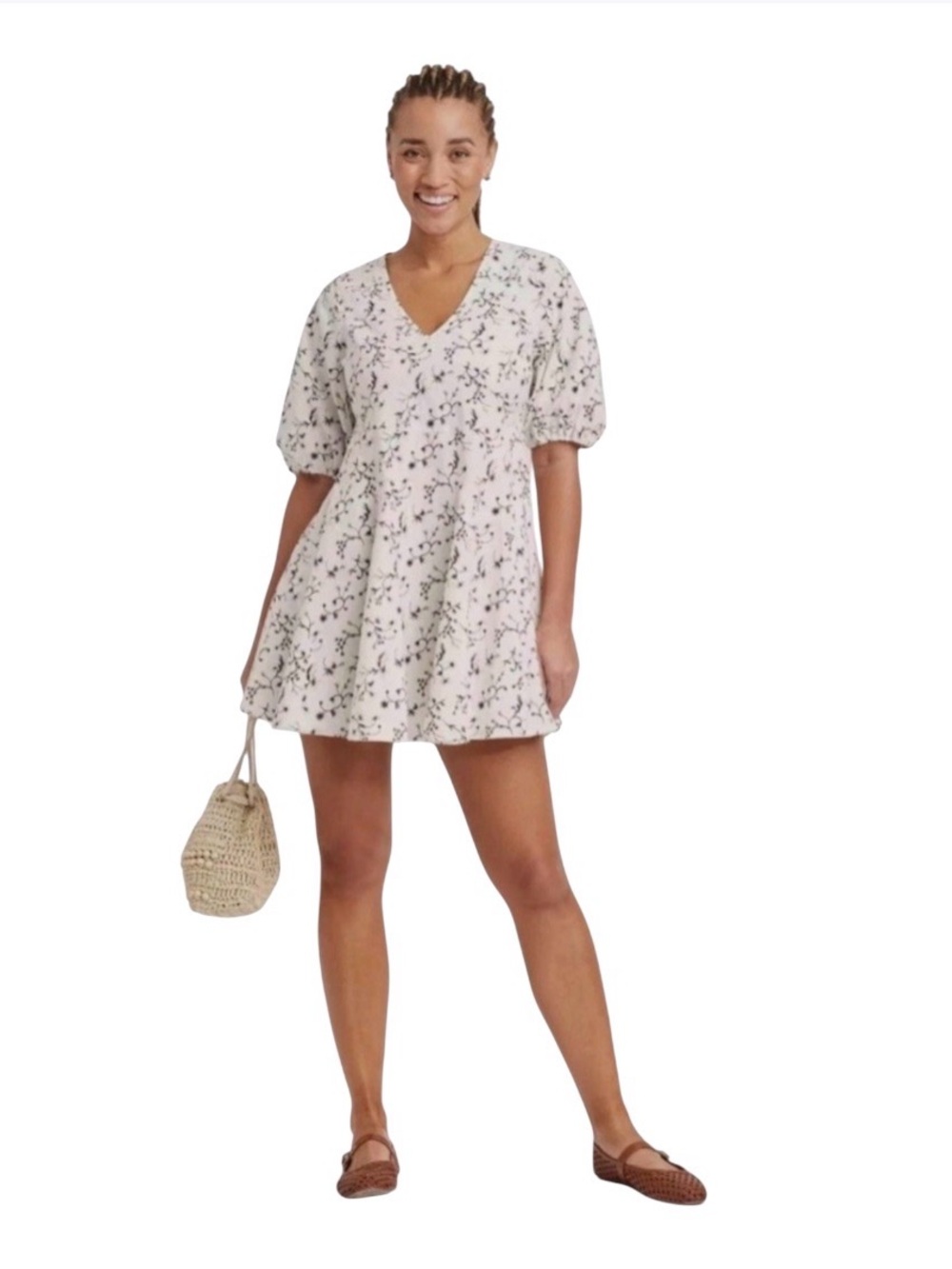 Universal Thread Women's White Floral V-Neck Puff Sleeve Mini Dress (NWT) Small